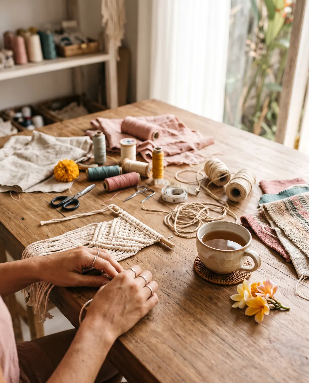 Hands weaving a macrame piece on a wooden table surrounded by thread, fabric and a cup of tea